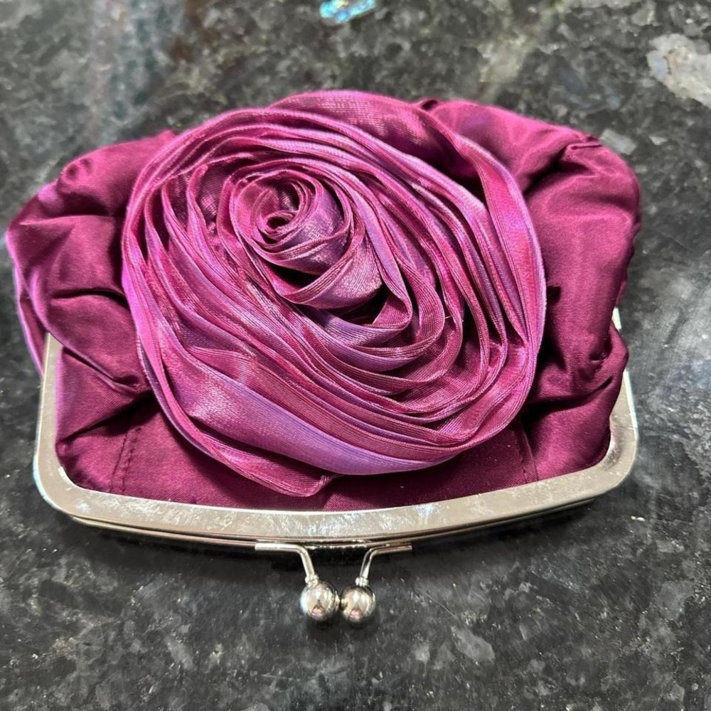 Elegant Purple Satin Rose Clutch Evening Bag Purse